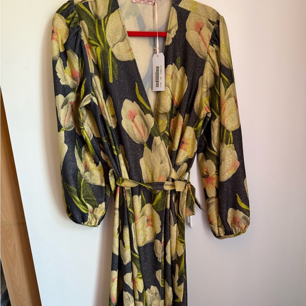 Traffic People shimmery wrap dress blue with cream and pink tulips